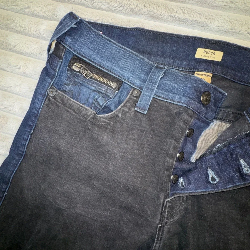 True Religion Mens 38 Rocco Classic Slim Moto Jeans Blue Black Ribbed‎ 36x33